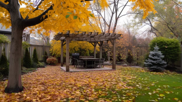 A peaceful backyard oasis with a covered pergola perfect for enjoying the fall foliage and changing leaves photo