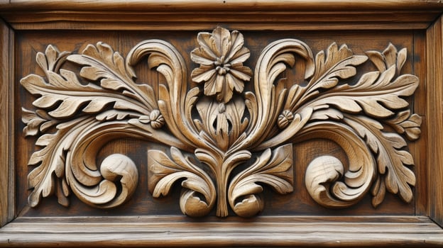 A closeup image of a handcarved wooden door beautifully restored to its original glory using traditional Flemish woodworking techniques photo