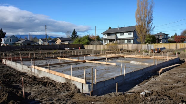 The masons precise skills are evident in the perfectly laid concrete foundation of a newly built home photo