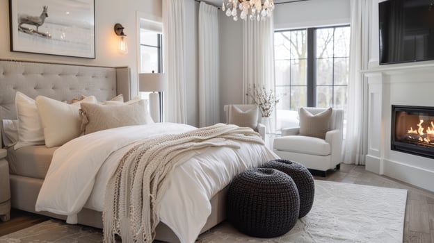 A monochromatic bedroom comes alive with the addition of a black fire orb its warmth and elegance adding depth to the room. 2d flat cartoon photo