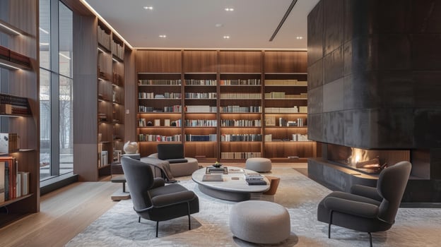 The modern design of the fireplace perfectly complements the sleek minimalist aesthetic of the library. 2d flat cartoon photo