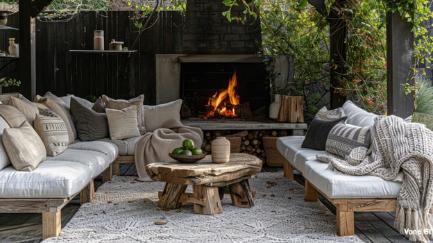 Soft cushions and throws adorn the outdoor seating perfect for snuggling up by the fire. 2d flat cartoon photo
