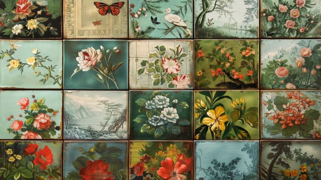 A collection of handpainted ceramic tiles depicting scenes of nature such as blooming flowers and lush forests. photo