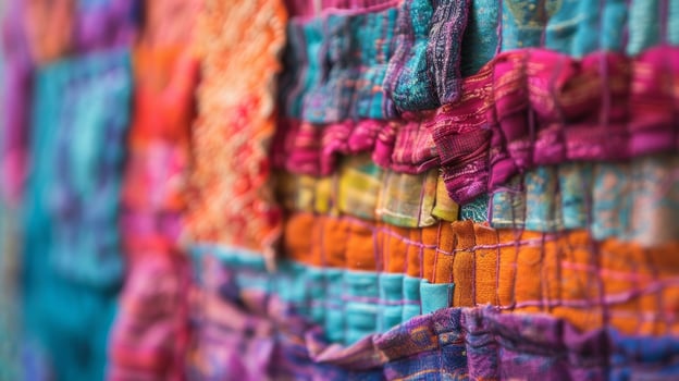 A handcrafted wall hanging made from a variety of textured fabrics highlighted with small handmolded clay pieces. photo