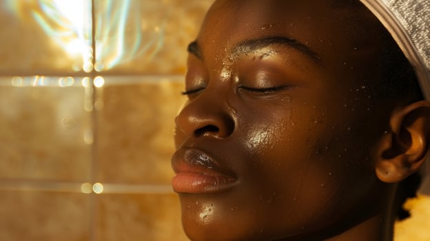 A closeup of a professional tennis players face her eyes closed in meditation as she uses the heat of the sauna to recover from a grueling match. photo
