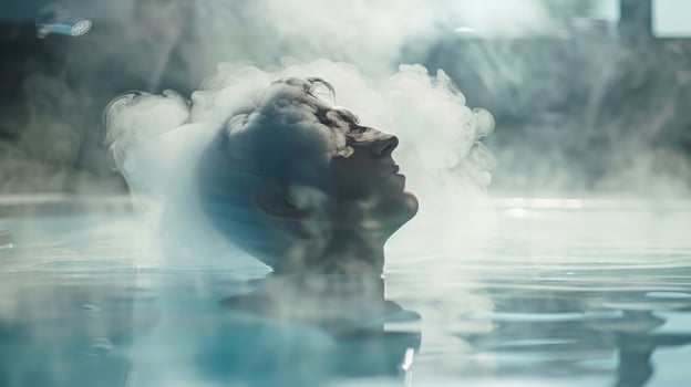 Steam swirls around the person like a co shielding them from the outside world and allowing them to fully unwind. photo
