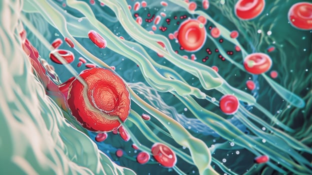 An illustrated diagram of red cells flowing freely through clear open vessels signifying the positive effects of heat therapy. photo