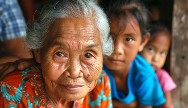 Elderly Southeast Asian woman with grandchildren, candid family moment. Senior Thai lady surrounded by kids, smiling. Concept of family, generational bond, cultural heritage. photo