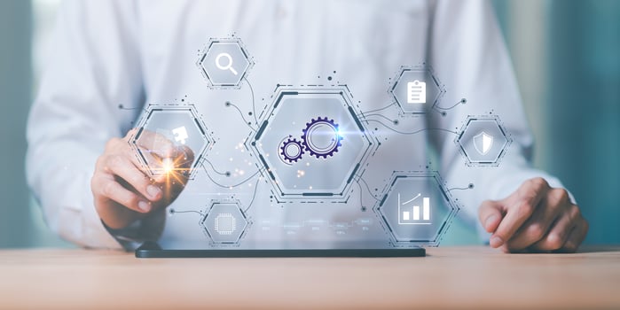 Businessman showing business process and workflow with virtual flowchart,planning and setting corporate growth goals ,Business Process Optimization ,Business solutions ,success strategy steps photo