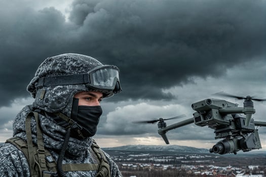 military man looks at a drone with a mine close-up photo