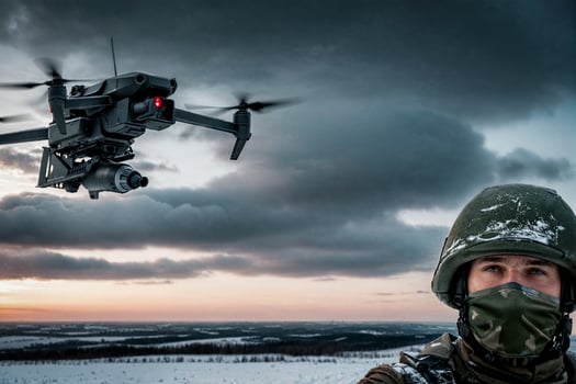 military man in a balaclava and a drone with a mine against the sky photo