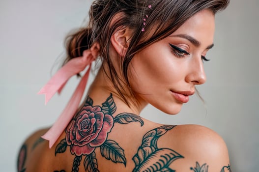 Young woman with tattoo of rose on her back photo