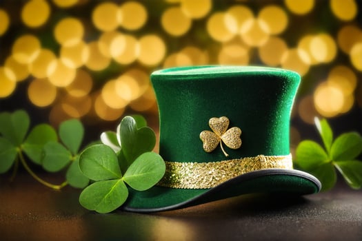 St. Patrick's day banner with green irish hat, gold and shamrock clover leaves photo