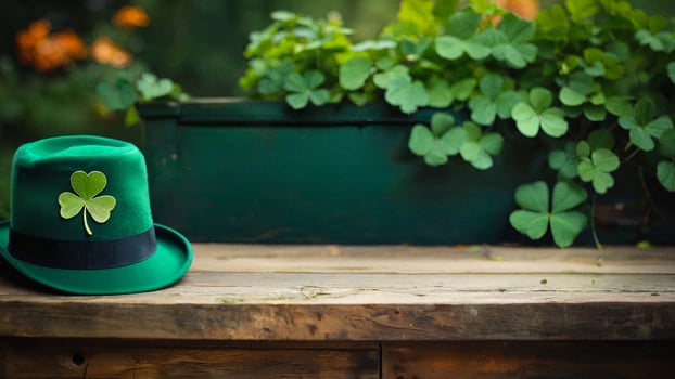 st patrick's day, green hat with shamrock on wooden table on shamrock background with space for text photo