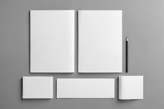 Blank pages, documents, magazine mockup on gray background photo