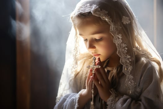 First communion joy - heartwarming moments of young believers in white dresses, celebrating this sacred Christian sacrament with faith, purity, spirit of spiritual growth in memorable church ceremony. photo