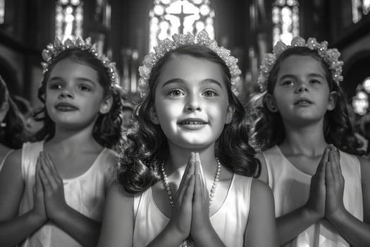 First communion joy - heartwarming moments of young believers in white dresses, celebrating this sacred Christian sacrament with faith, purity, spirit of spiritual growth in memorable church ceremony. photo