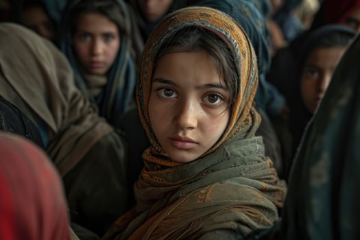 Refugee crisis - impact of war, climate change, political unrest, revealing the humanitarian catastrophe with hungry children seeking refuge amidst a global demographic crisis emigrants camp photo