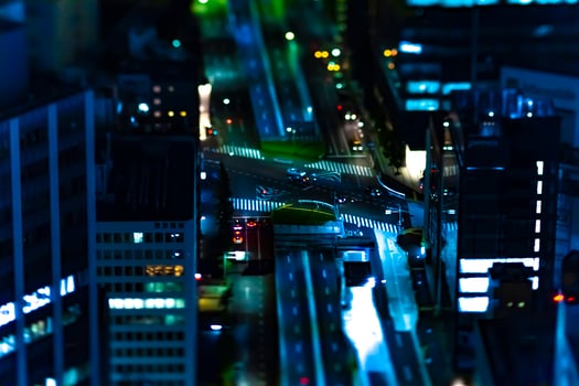 A night miniature highway at the urban city in Tokyo tiltshift photo