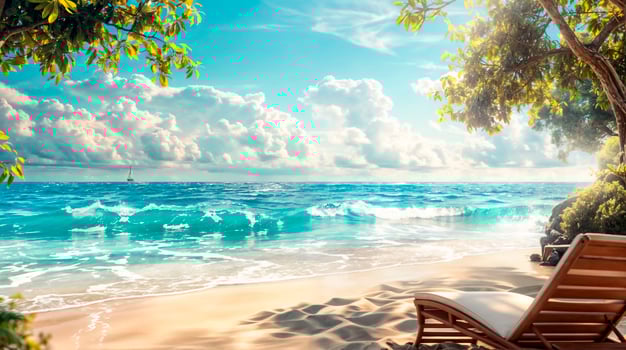Paradise beach scene with deck chair, tropical tree, azure ocean and sunny sky with clouds photo