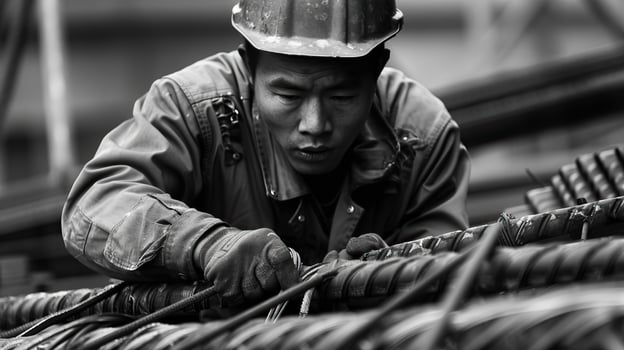 A construction worker is tying rebar at a construction site. photo