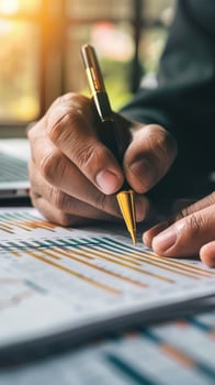 Writing a financial report, business accounting concept. photo