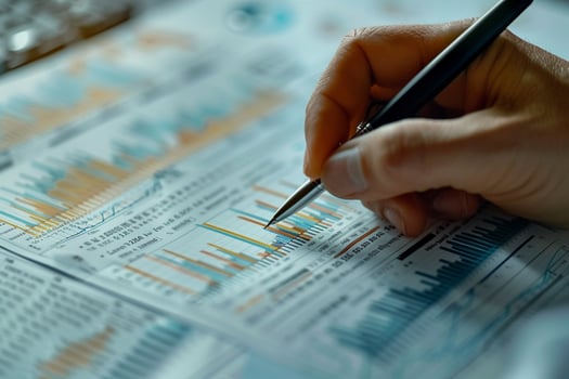 Writing a financial report, business accounting concept. photo