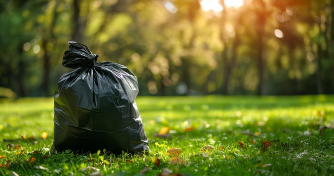 Environmental Conservation. Cleaned Forest, Cleaned Park Waste. Filled Trash Bag against Blurred Clean Green Park Background with Space for Text. photo