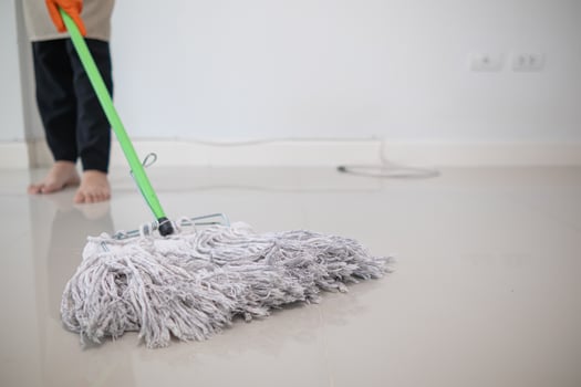 A young woman holds a mop to clean the floor and mixes disinfectant into the mop to prevent germs and bacteria. The idea of hiring a professional housekeeper to do housework and clean the house. photo