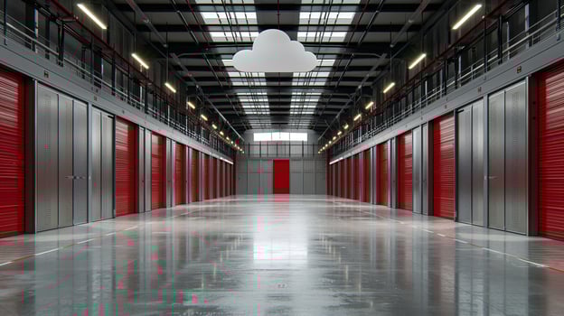 A sleek warehouse corridor lined with red storage units under a symbolic cloud photo