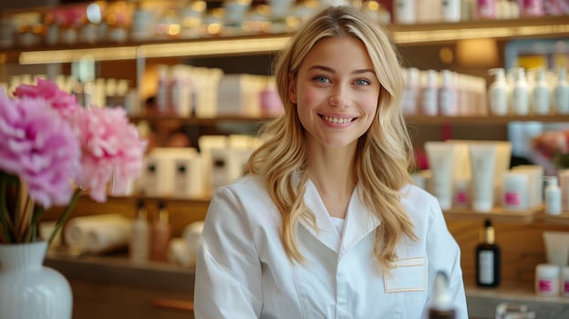 Woman Sitting at Table Smiling photo