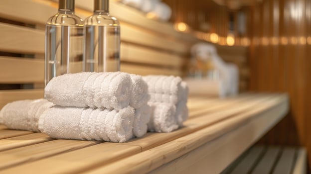Towels and water bottles are provided for guests in a luxurious sauna on a cruise ship. photo