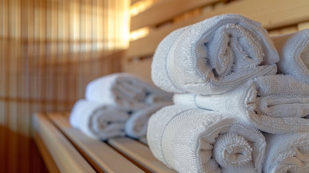 A stack of towels waiting outside of the sauna ready for individuals to wrap themselves in after a soothing infrared session. photo