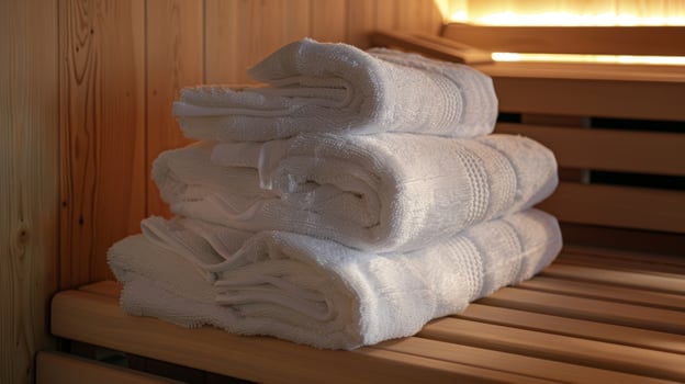 A stack of sauna towels neatly folded and ready for patients to use after their session. photo