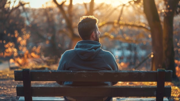 A man sitting on a wooden bench using visualization to visualize himself overcoming his fears and achieving personal growth. photo