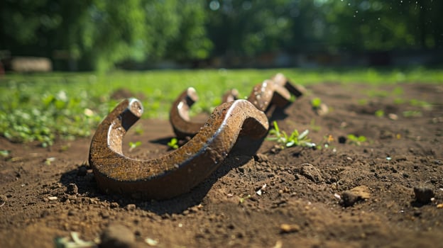 A game of horseshoes is set up nearby with players tossing the metal shoes with precision and friendly competitiveness photo