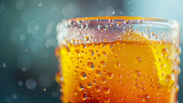 A closeup of a glass of freshly squeezed juice with droplets of water condensing on its surface photo