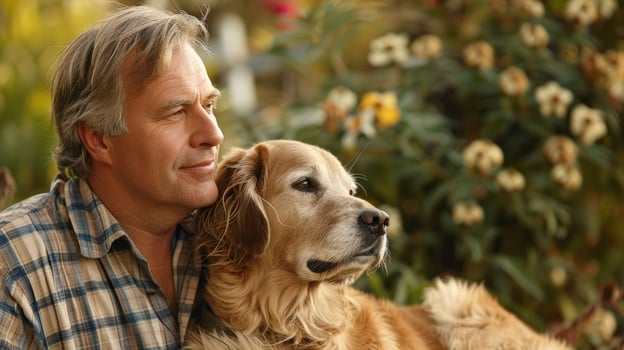 A man sitting in a peaceful garden a serene expression on his face as his dog rests his head on his lap photo