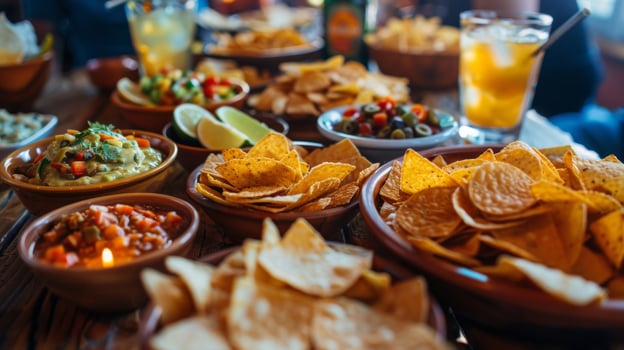 A table filled with various kinds of chips dips and drinks ready to be devoured by a gathering of men photo