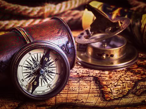 Old vintage compass on ancient map photo
