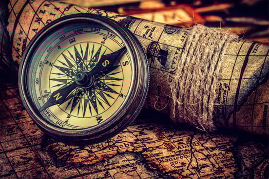 Old vintage compass on ancient map photo