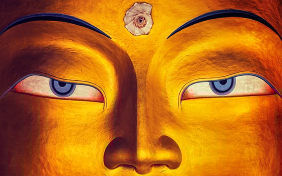 Maitreya Buddha face close up, Thiksey Gompa, Ladakh photo