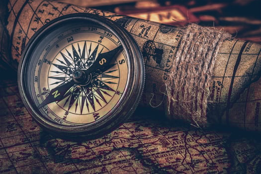 Old vintage compass on ancient map photo