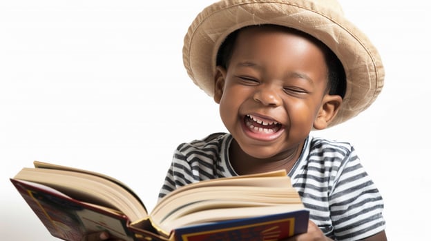 A little black boy wearing a hat is laughing while reading a book, isolated on white background photo