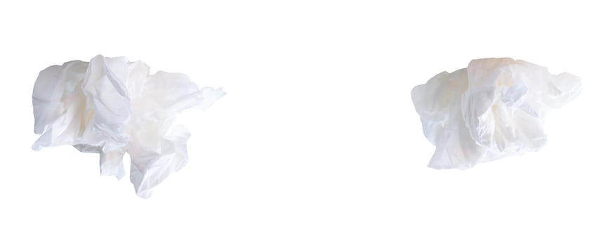 Top view set of screwed or crumpled tissue paper balls after use in toilet or restroom isolated on white background with clipping path photo