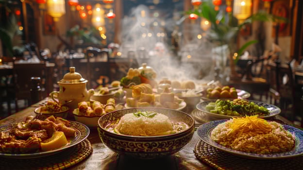 Elaborate Thai banquet table set in a traditional restaurant. Assortment of Thai dishes with steam rising, under warm lighting. Concept of Asian dining experience, cultural feast, authentic cuisine photo