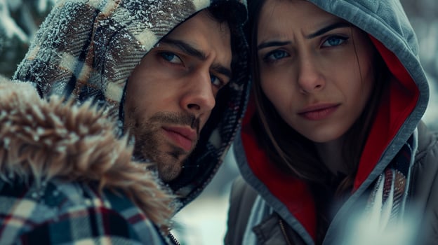 young couple in hooded shirts looking at camera photo