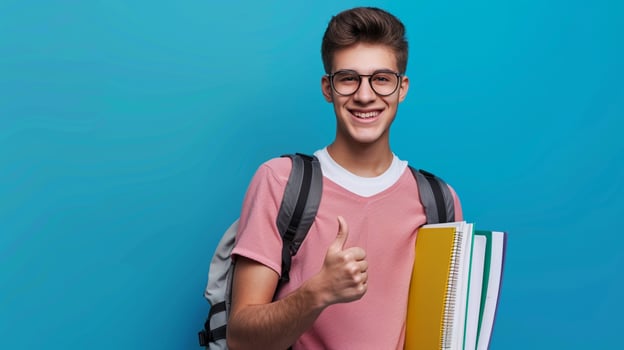 young man student with notebooks showing thumb photo