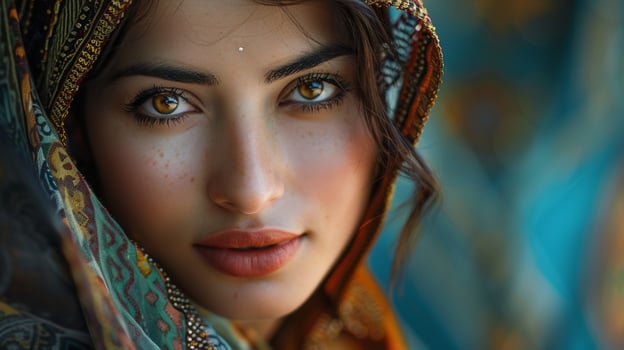 young woman in traditional clothing looking photo