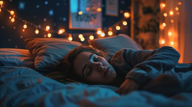 young woman resting comfortably in dark bedroom photo